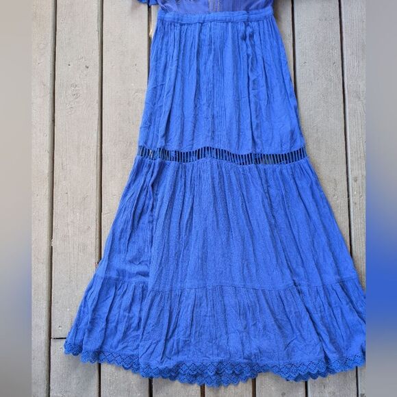 Cleobella Blue Amery V-Neck Floral Embroidered Short Sleeve Maxi Dress M - Picture 5 of 8